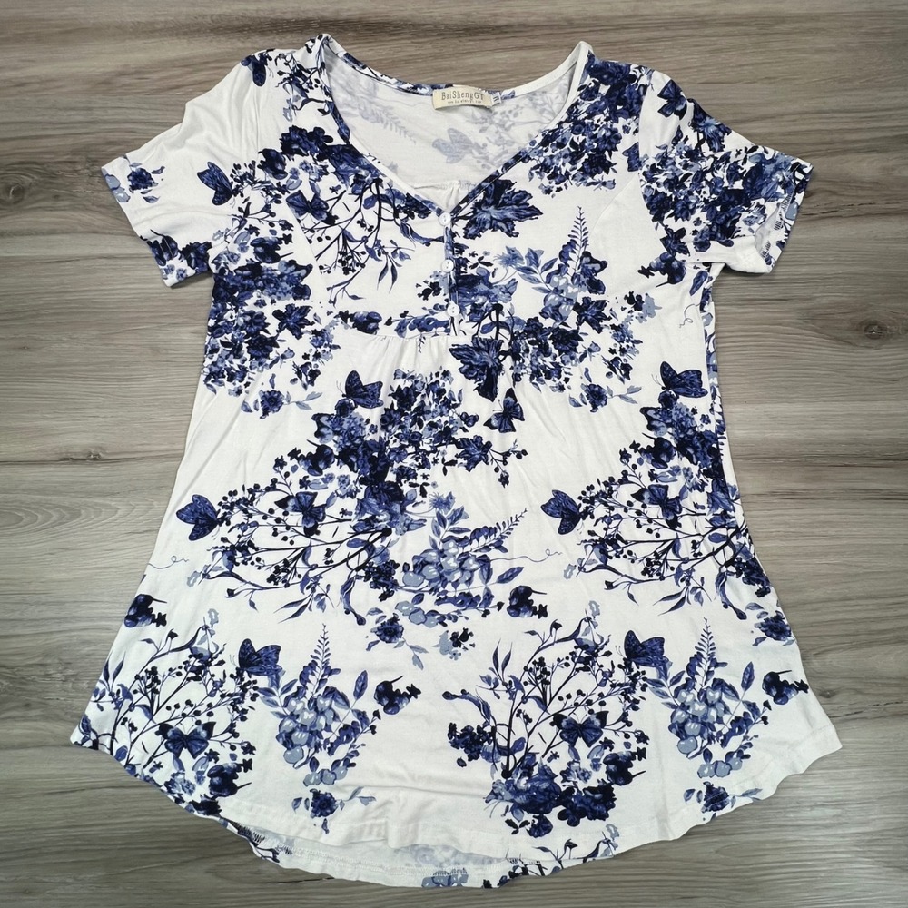 BaiShengGT Women's Med  Blue Floral Print Short‎ Sleeve V-Neck Casual Tunic Top